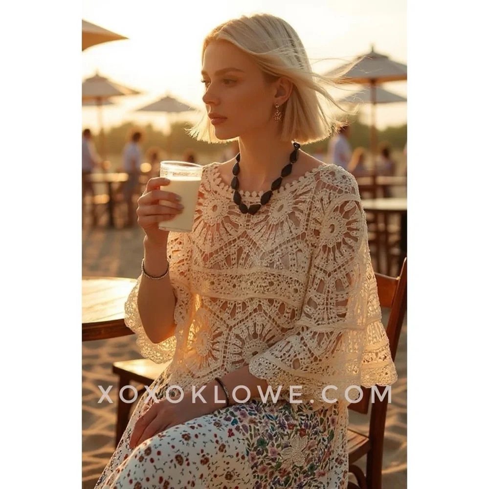 POL Cream Crochet Top | Boho Bell Sleeve Knit | Festival Cottagecore Vibe - Picture 3 of 8